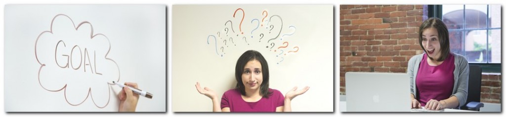 3 stock photos; hand draws cloud with goal inside, woman in front of wall with question marks, and woman smiling at computer