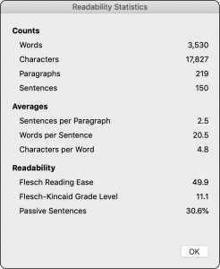 Bitcoin white paper readability metrics from Word