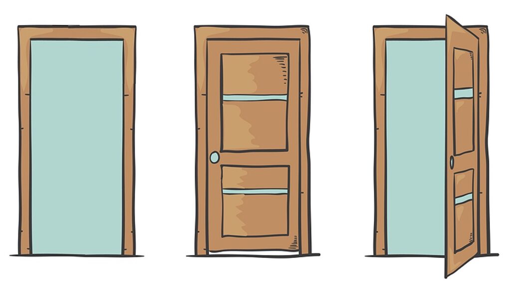 three door: open, closed, and partly open