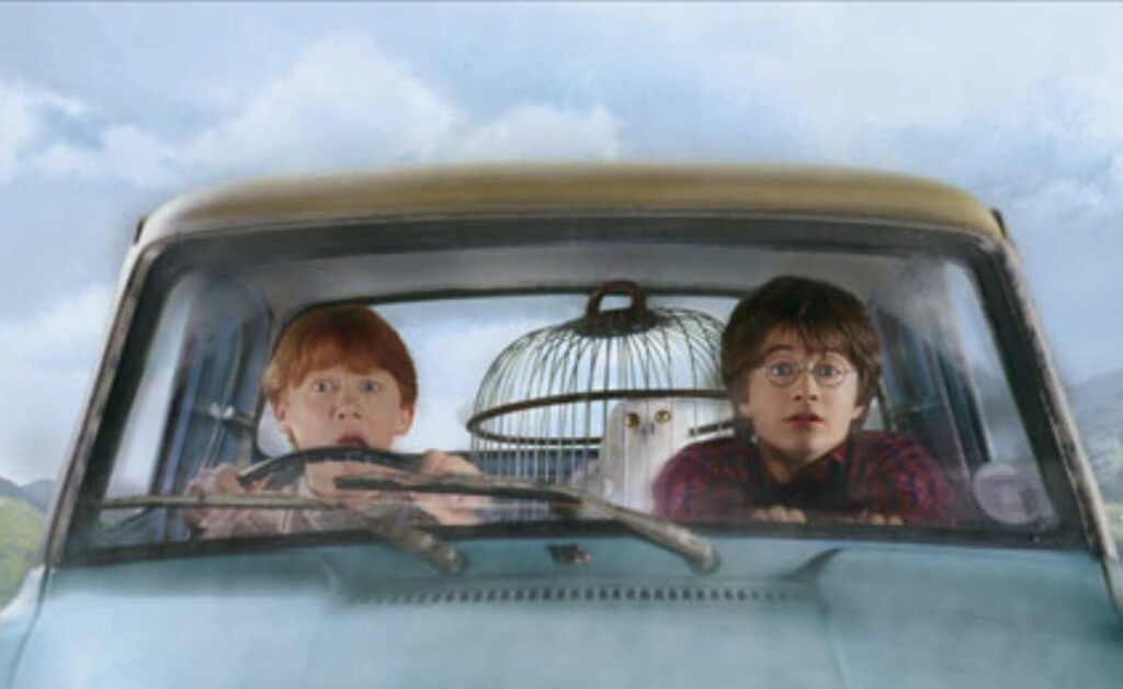 Harry Potter and Ron in the flying car