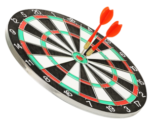 dartboard with two red darts in it